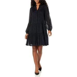 Tommy Hilfiger Women's Shift Chiffon Long Sleeve V-Neck Dress, Sky Captain/Black